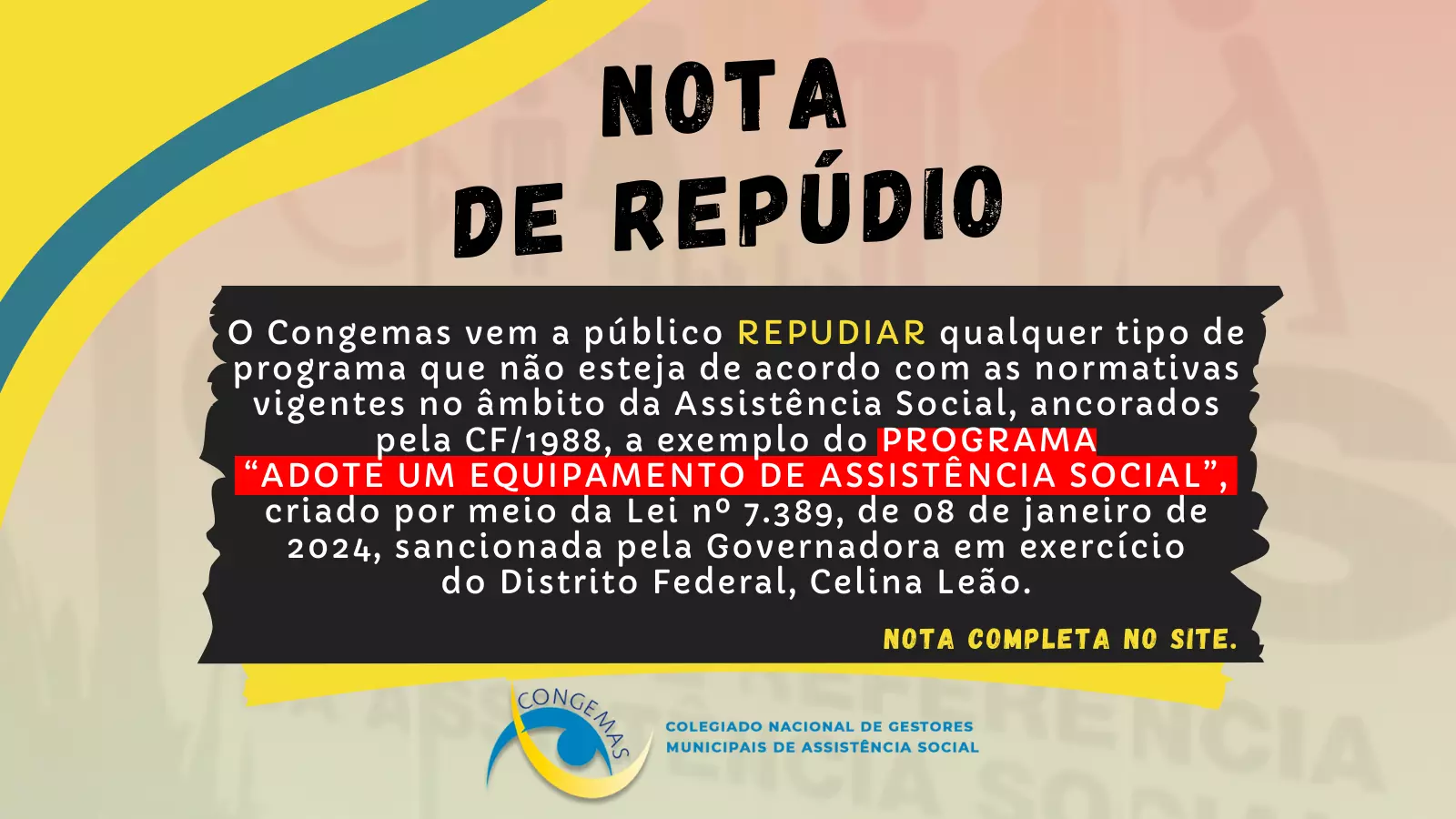 Nota de Repúdio / Programas que não estejam de acordo com as normativas vigentes no âmbito da Assistência Social
